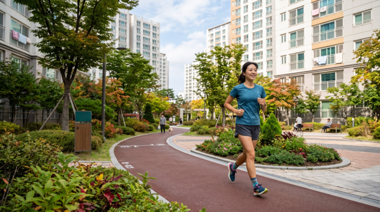 걷는 속도와 비슷한 시속 3km 정도로 슬로우조깅하는 모습